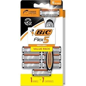 BIC Flex 5 Refillable Men’s Razor, Father’s Day Gift Set with 5 Blade Razors, 1 Handle and 7 Cartridges for Smooth Shaving