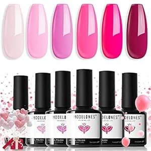 modelones Pink Gel Nail Polish Set 6 Colors, Hot Pink Tones Neon Pink White Gel Polish Magenta Light Soft to Dark 2025 Spring Summer Nail Art Kit for Women Girl Nail Lovers Gift Salon DIY
