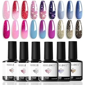MODELONES Mood Gel Nail Polish Set Temperature Color Changing Gel Colors Collection Red Blue Glitter Gel Polish Soak Off 6 Colors Christmas Gifts New Year Holiday Salon DIY at Home
