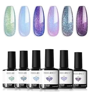 modelones Chameleon Gel Nail Polish Set- 6 Colors Aurora Shimmer Glitter Gel Polish Kit Blue Green Purple Nail Gel Polish All Seasons Soak Off LED Nail Lamp Nail Art Gel Kit DIY Salon Gift for Women